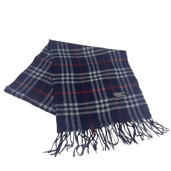 Burberry of London Navy Multicolor Nova Check Plaid Fringe Wool Scarf - Picture 1 of 5
